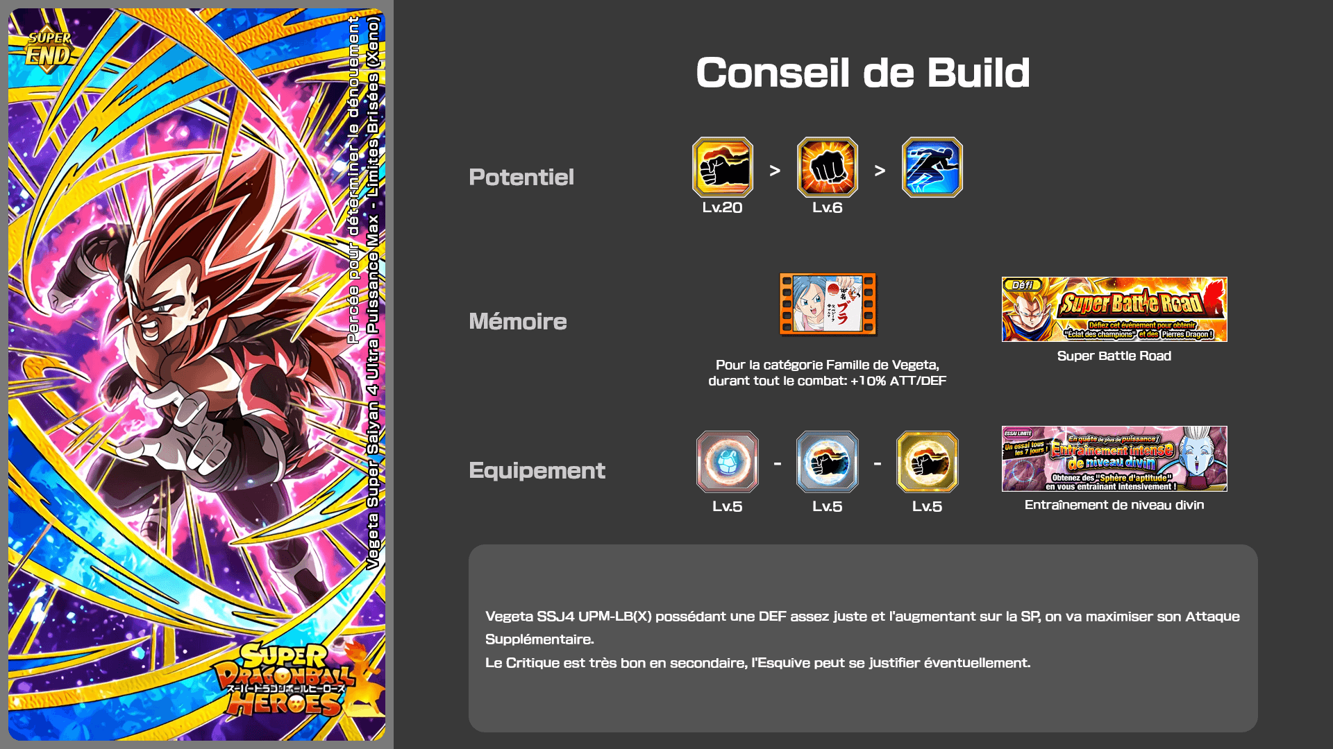 Fiche n°1Vegeta Super Saiyan 4 Ultra Puissance Max - Limites Brisées (Xeno) : Percée pour déterminer le dénouement