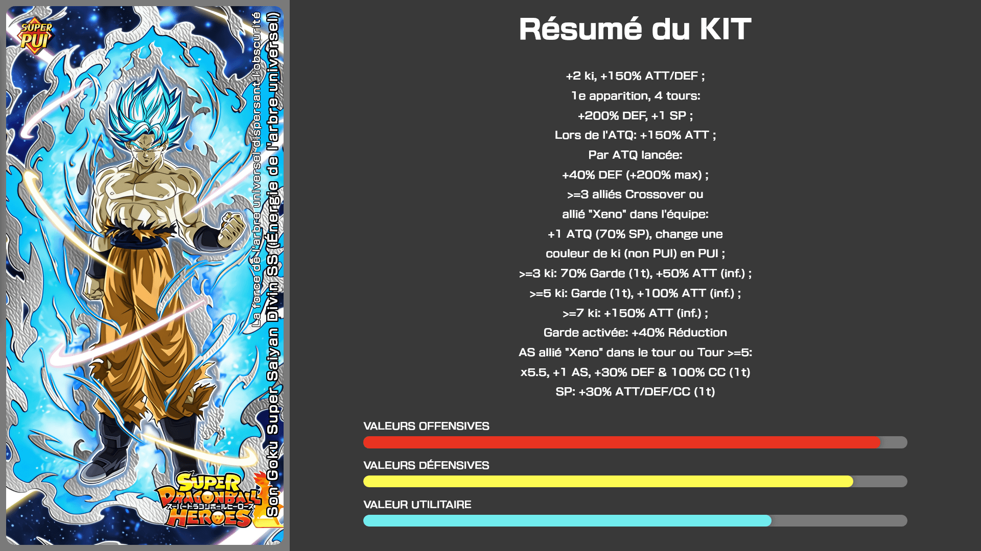 Fiche n°1Son Goku Super Saiyan Divin SS (Énergie de l'arbre universel) : La force de l'arbre universel dispersant l'obscurité