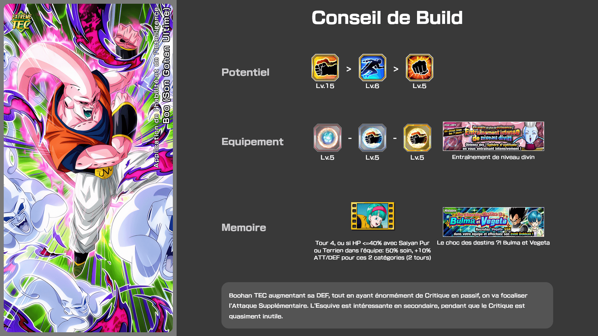 Fiche n°2Boo (Son Gohan Ultime) : Application de l'habilité et de l'intelligence